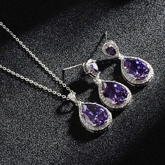 18k Plated Amethyst Teardrop CZ Crystal Cubic Zircon Rhinestone Necklace Earring - Picture 2 of 6